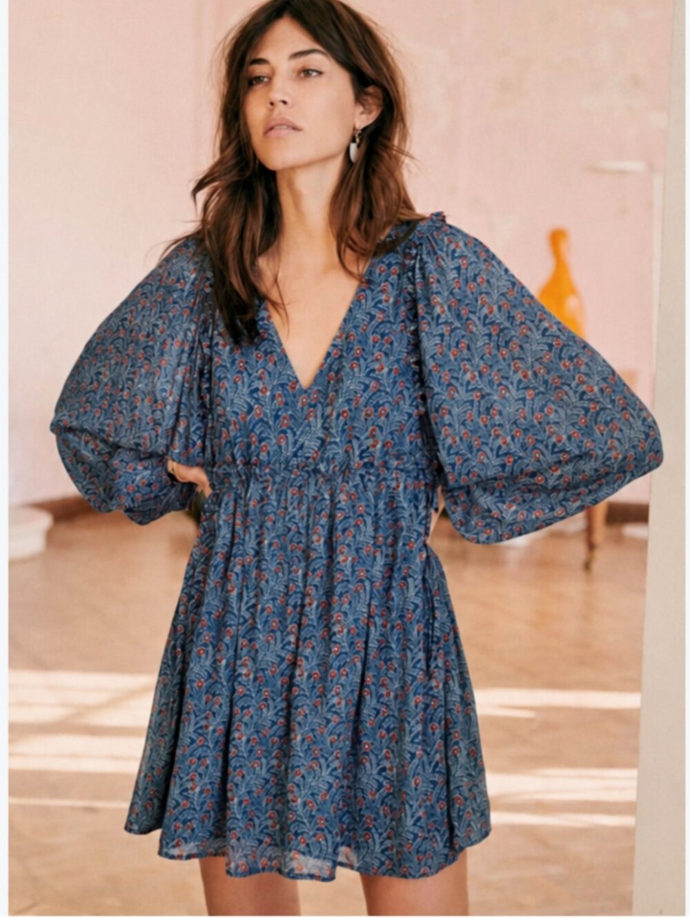 SEZANE EVY FLORAL PALERMO PRINT SILK BLEND MINI DRESS BALLOON SLEEVES
